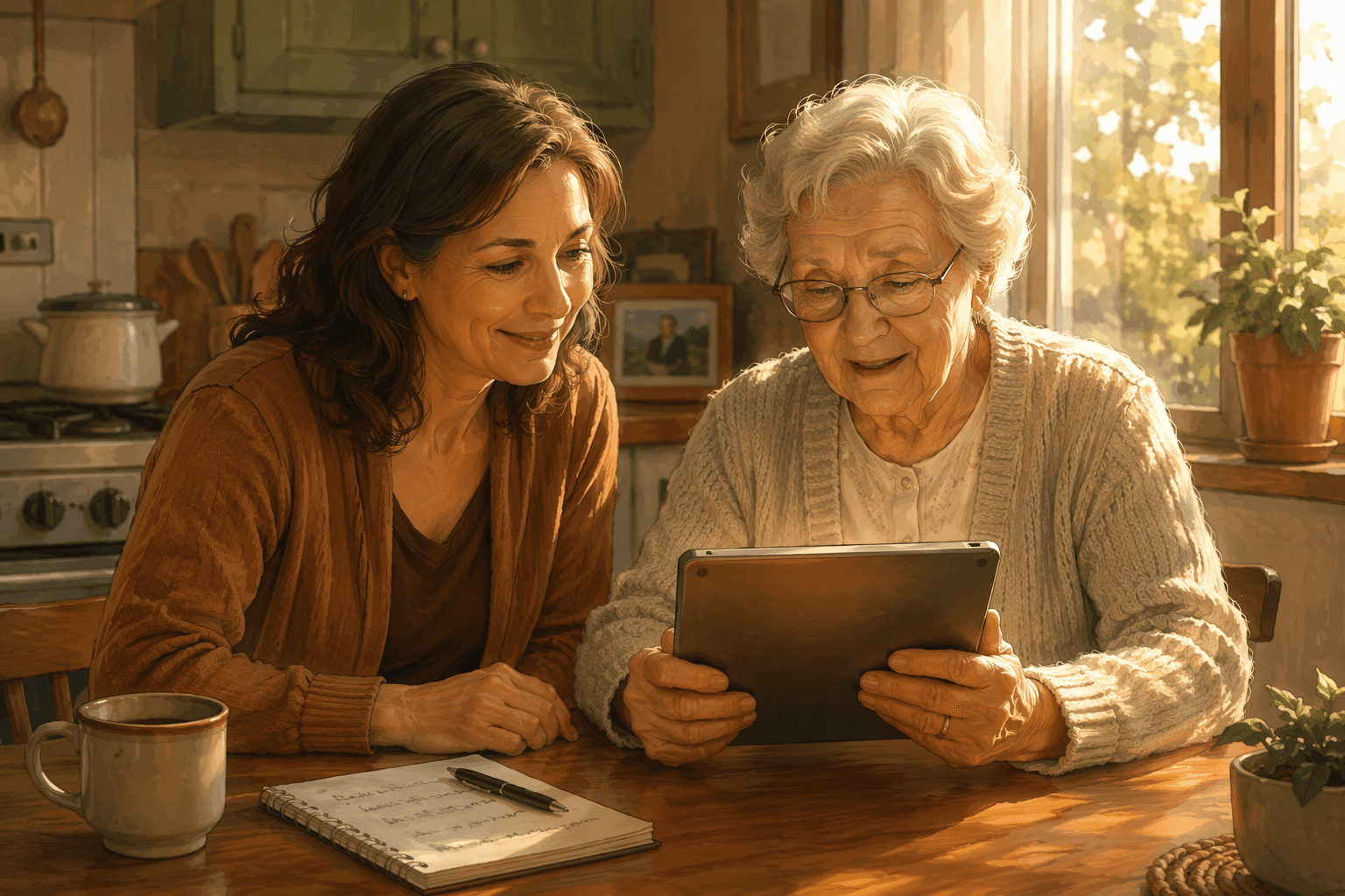 An adult child in their 40s sits beside an older parent in their 70s at a wooden kitchen table bathed in warm golden-hour light. The parent holds a tablet gently in both hands, looking at it with calm curiosity. The adult child has a hand resting on the table, not reaching for the device. A small notebook with handwritten notes sits nearby. The scene feels patient, collaborative, and loving.