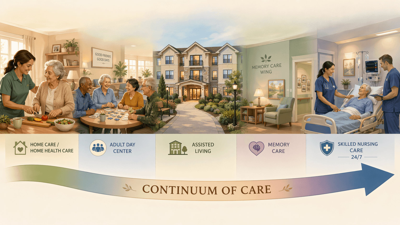 A horizontal illustration of the senior care spectrum: a home with a caregiver, an adult day center, an assisted living building, a memory care wing, and a skilled nursing facility, connected by a curved 'continuum of care' arrow.