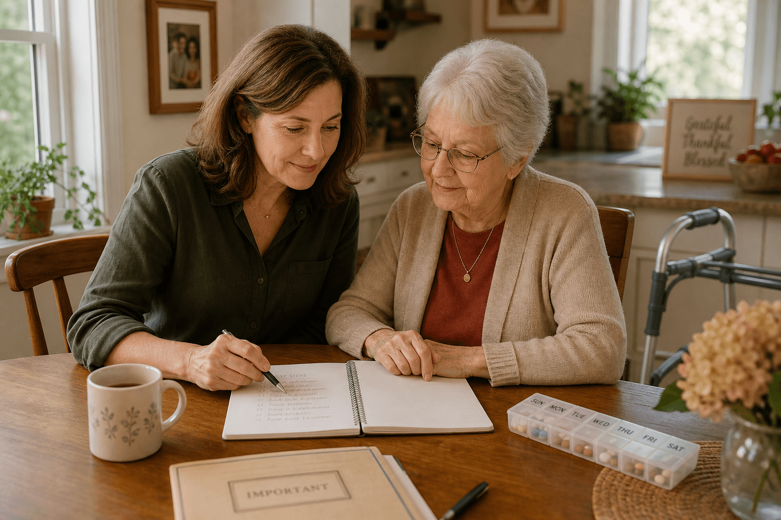 An adult daughter and her elderly mother sitting at a kitchen table, looking at a notebook together. A walker is visible beside the table, and a pill organizer sits on the counter in the background.