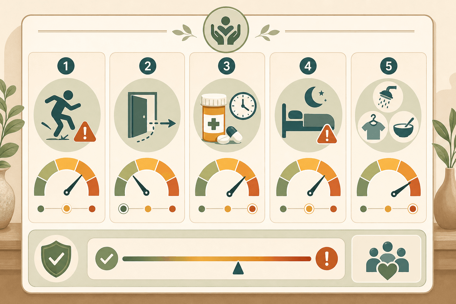 Editorial illustration of a decision matrix with five risk categories: fall risk, wandering, medication, nighttime needs, and ADL dependency, each with a low-to-high visual indicator.