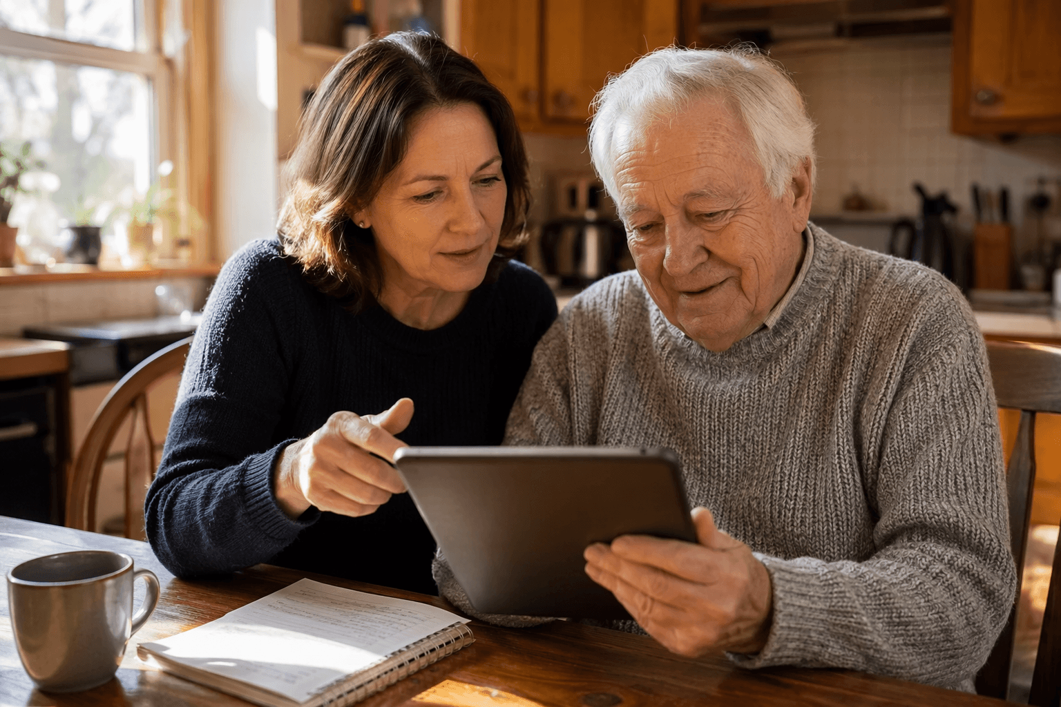 An adult child in their 40s gently gestures toward a tablet held by their older parent at a sunlit kitchen table; a notebook with handwritten notes and a coffee mug sit nearby.