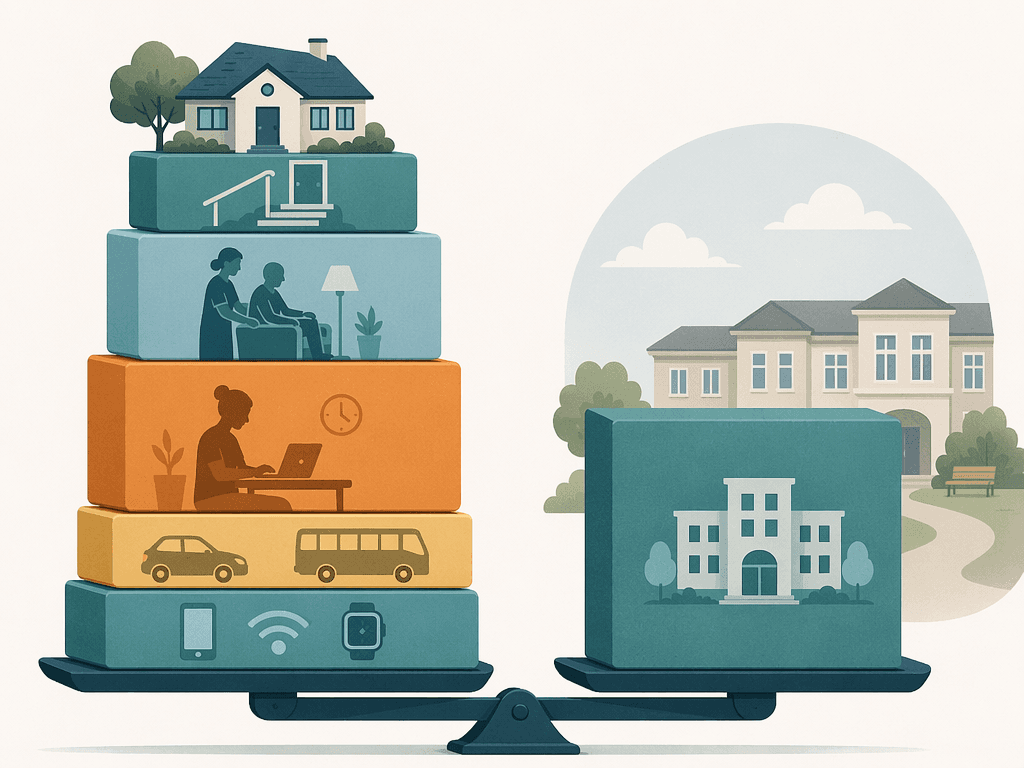 A clean editorial illustration showing two cost structures side by side: on the left, a tall stack of layered blocks representing hidden aging-in-place costs (home modifications, home care, foregone caregiver income, transportation and technology); on the right, a single consolidated block representing assisted living's more predictable monthly cost.