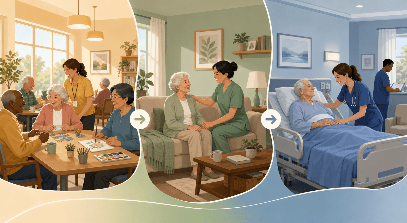 Three-zone decision framework illustration showing adult day care social group (amber), in-home care setting (sage green), and nursing home residential care (soft blue), with subtle flow arrows suggesting progression across care needs levels.