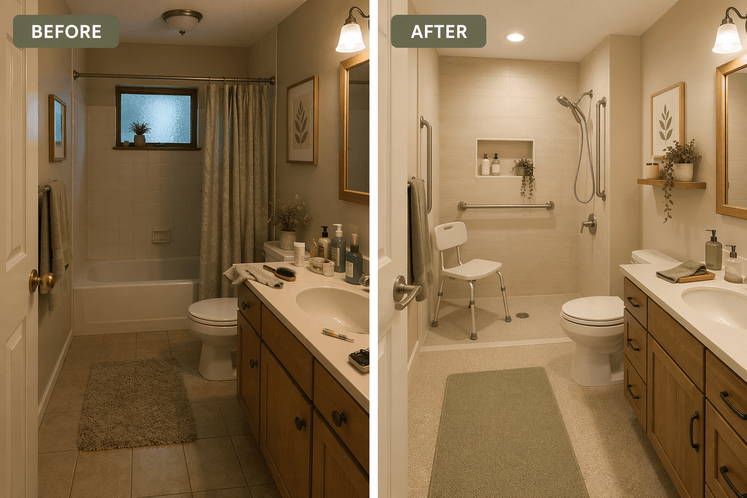 Split-comparison illustration of a bathroom: left side shows a hazardous bathtub, dim lighting, throw rug, no grab bars; right side shows a curbless shower, grab bar, handheld showerhead, bright lighting, non-slip flooring, shower chair. Warm neutral tones.
