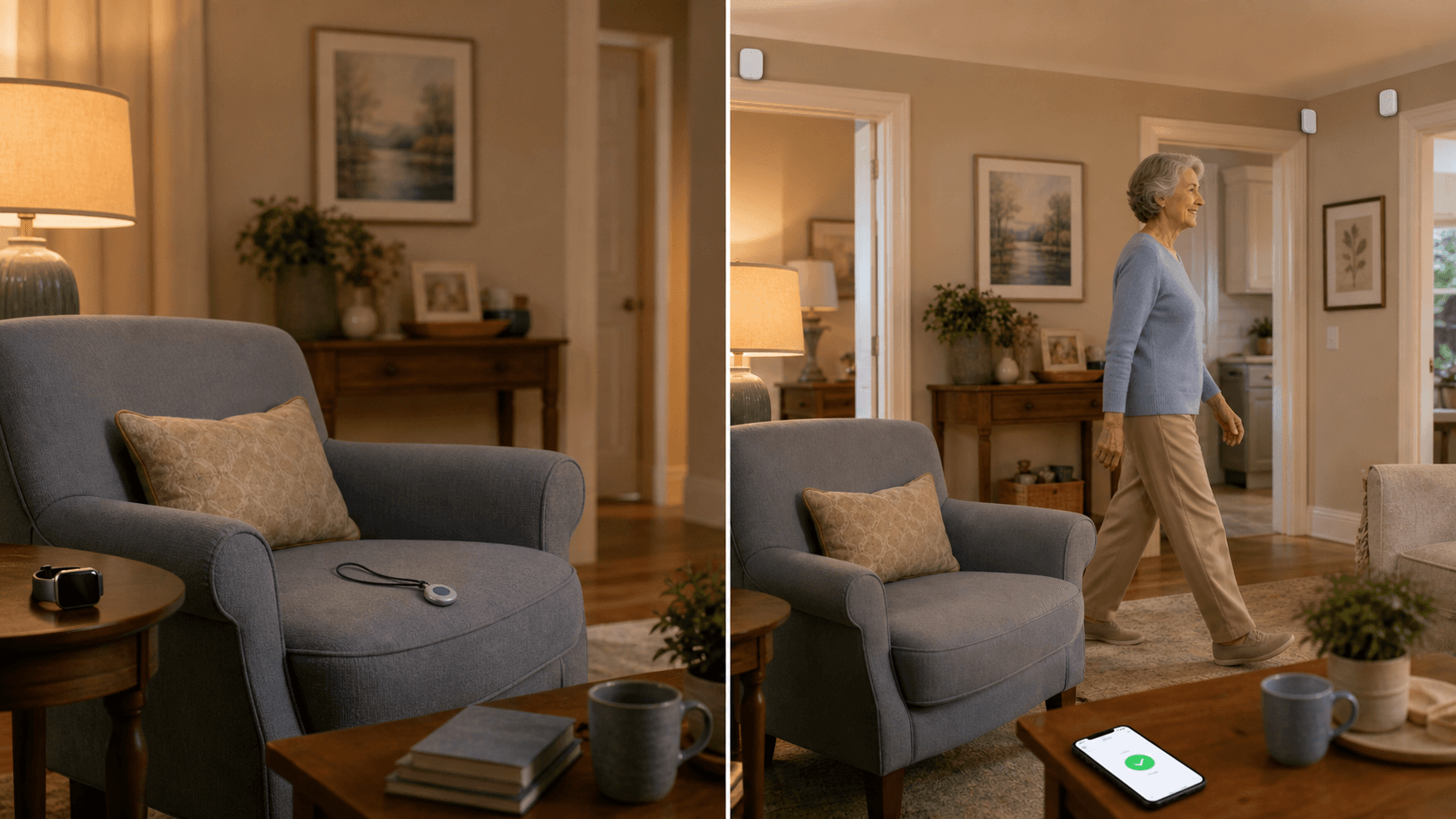 Split-view living room scene: left side shows an empty armchair with a medical alert pendant and smartwatch unused; right side shows the same room with small ceiling sensors and an older adult walking naturally without wearing any device.