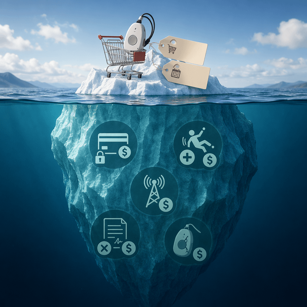 Iceberg illustration showing above-water costs (pendant and monthly fee) and below-water hidden costs including activation fees, fall detection add-ons, cellular data plans, contract penalties, and device replacement fees.