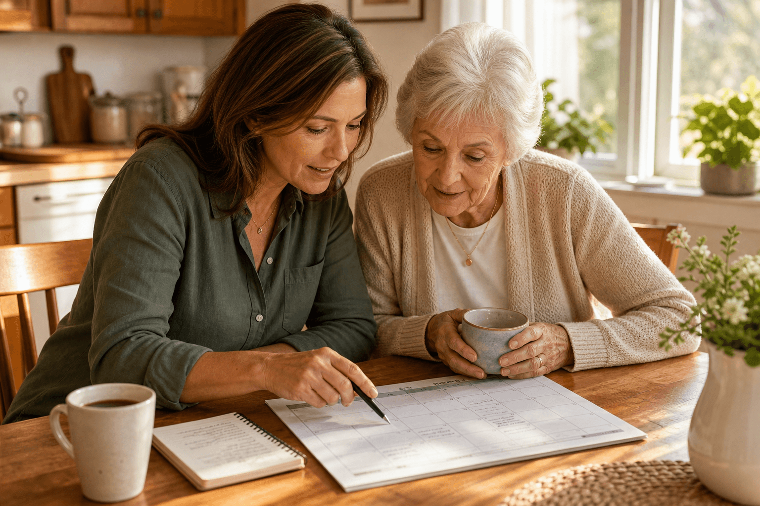An adult daughter and her older mother sit at a wooden kitchen table reviewing a paper calendar together, with a coffee cup and notepad nearby, warm sunlight streaming from a window, conveying a calm and collaborative care partnership.