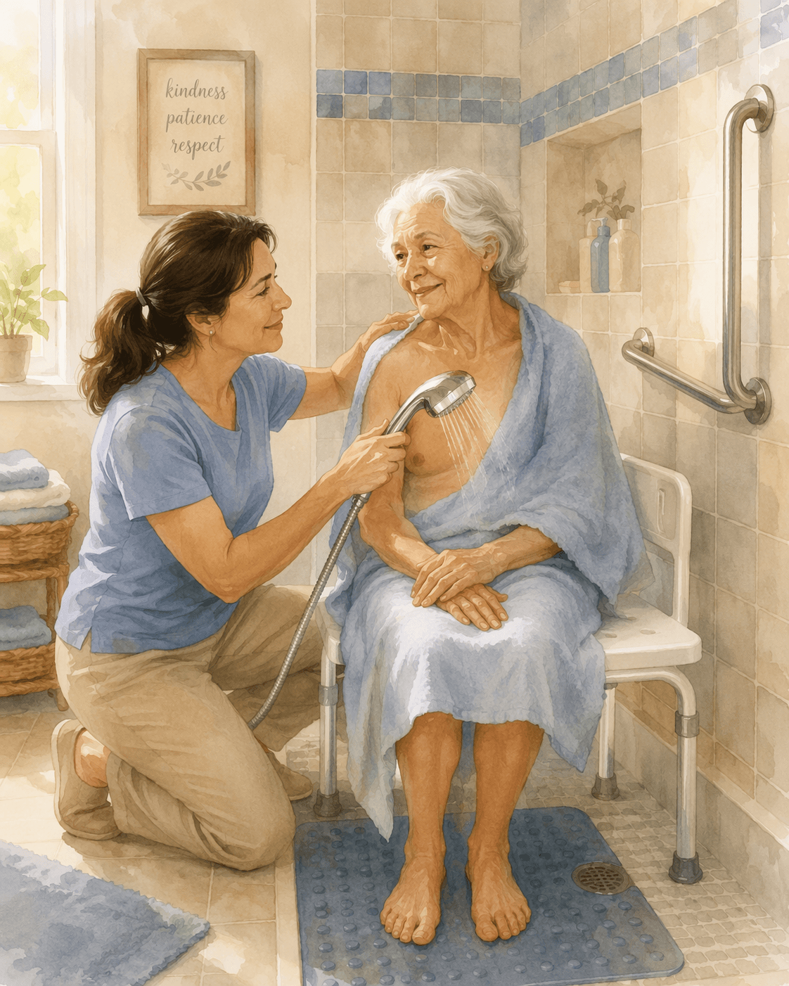 A calm female caregiver in her 40s sits beside a shower chair, gently assisting an older woman with silver hair who is wrapped in a towel. A grab bar is mounted on the tile wall, a non-slip mat is on the shower floor, and the caregiver holds a handheld showerhead. Warm beige and blue tones with soft natural lighting.