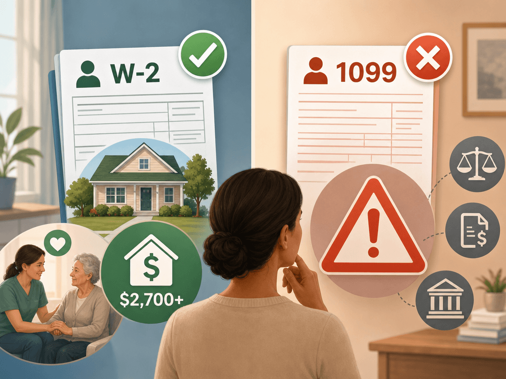 Split editorial illustration comparing W-2 employee classification (green checkmark, family home icon with $2,700+) against 1099 contractor classification (red X, caution icon).