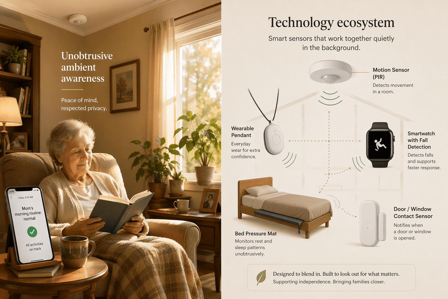 A split editorial illustration showing a warm living room with an elderly woman reading in an armchair on the left, contrasted with a clean infographic diagram of sensor technology silhouettes on the right.