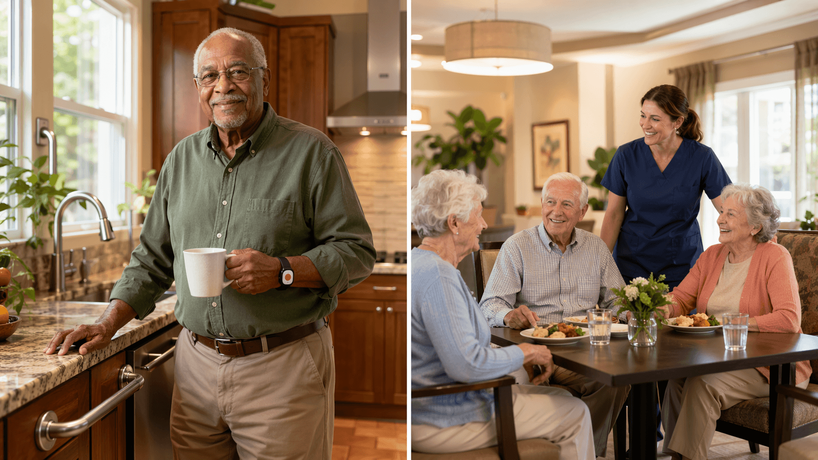 Split composition: an older adult standing confidently in a bright modified kitchen with grab bars and a medical alert pendant on the left, and an older adult seated with others in a warm assisted living dining room on the right.