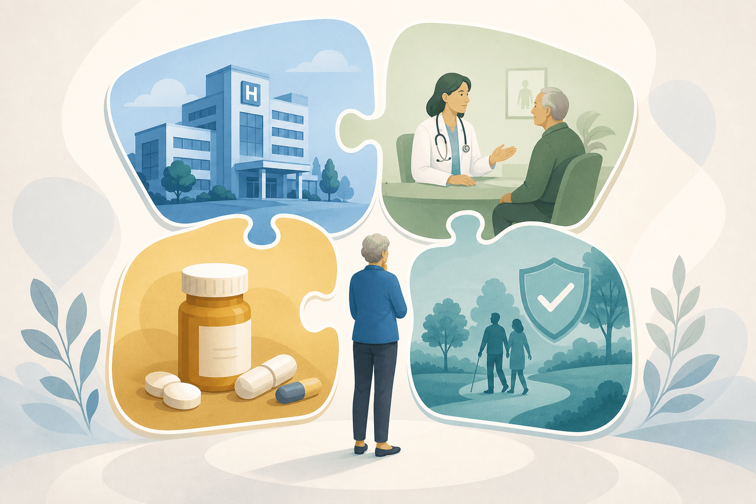 An editorial illustration showing four distinct puzzle-like panels in soft blue, sage green, and muted gold, representing different Medicare parts arranged in a connected layout. A small person stands at the center looking at the panels. No text or logos.