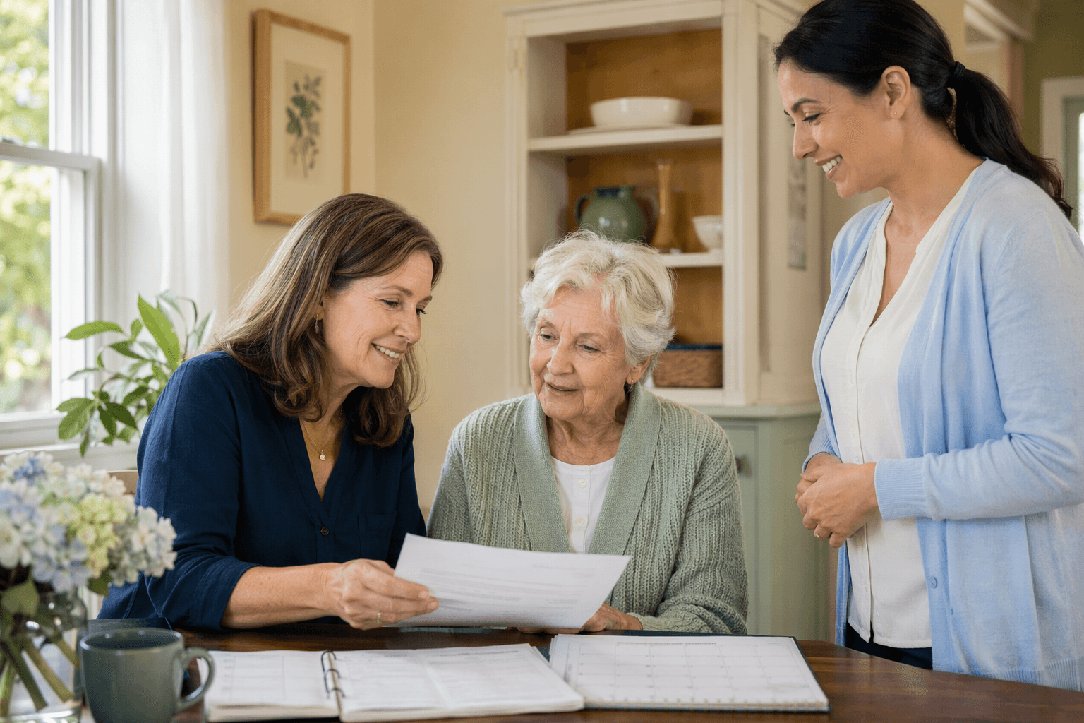An adult daughter in her 40s sits at a kitchen table with her elderly mother, reviewing care planning papers. A professional caregiver in soft blue clothing stands nearby with a welcoming smile.
