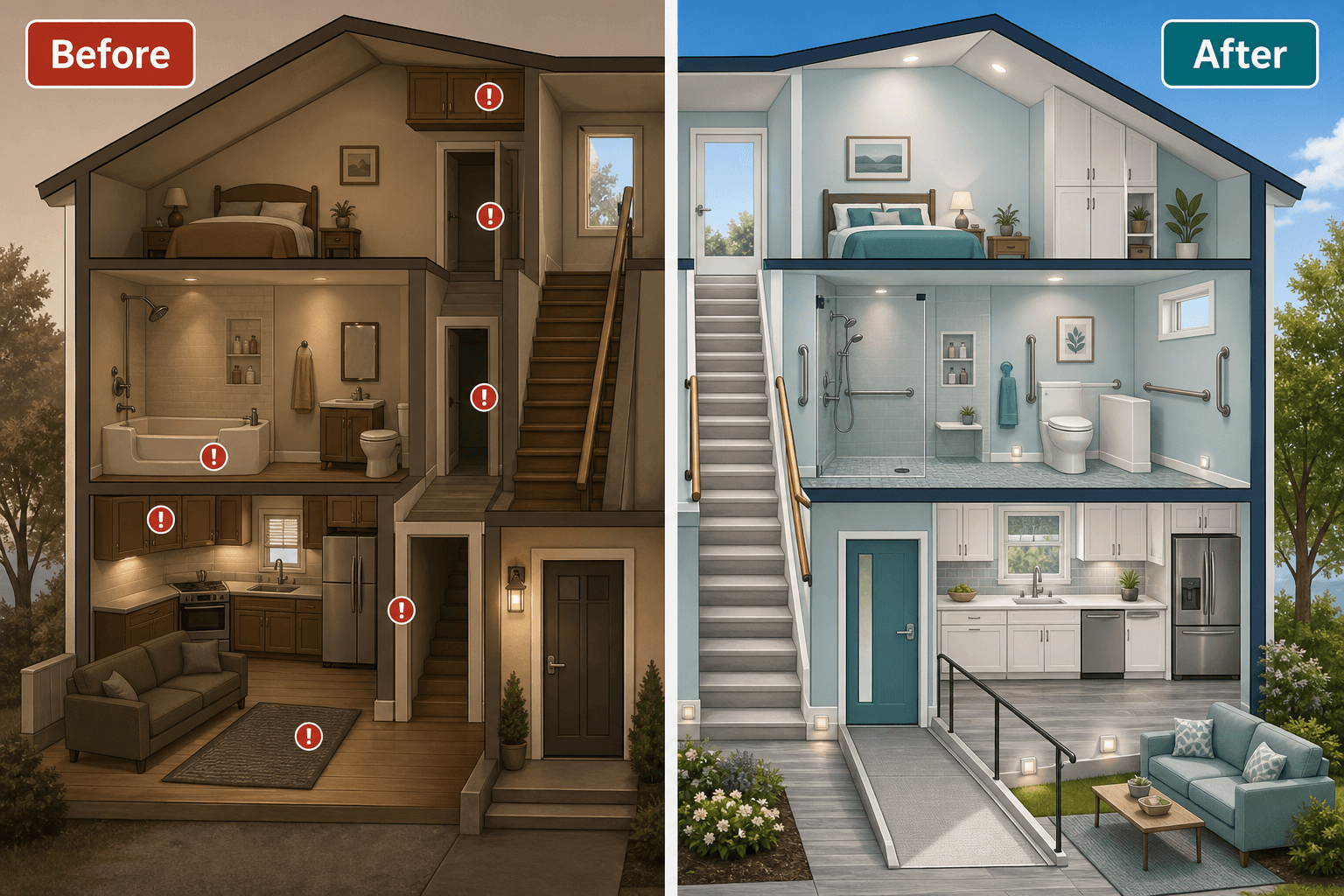 Split-view vector illustration of a home cross-section. Left side 'Before' in muted warm tones shows a throw rug, step-in bathtub, high cabinets, dim lighting and narrow doorways with small red warning dots marking hazards. Right side 'After' in bright blue-green tones shows grab bars in the bathroom, a curbless shower, raised toilet, lever door handles, widened doorways, stair handrails on both sides, motion-sensor night-lights, non-slip flooring, and a zero-step entry ramp.