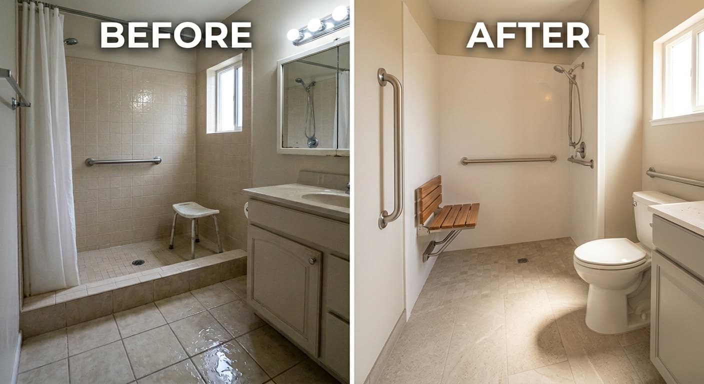 Before-and-after bathroom showing a high-step bathtub replaced by a walk-in shower with grab bar, shower seat, and non-slip flooring