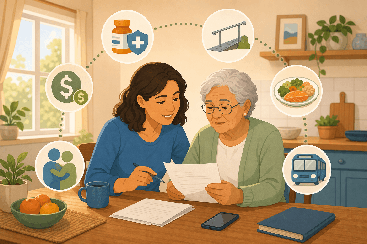 An older adult and a younger family caregiver sitting at a wooden kitchen table with paperwork and a phone, surrounded by floating icons representing health coverage, home modifications, nutrition, transportation, caregiver support, and financial assistance.