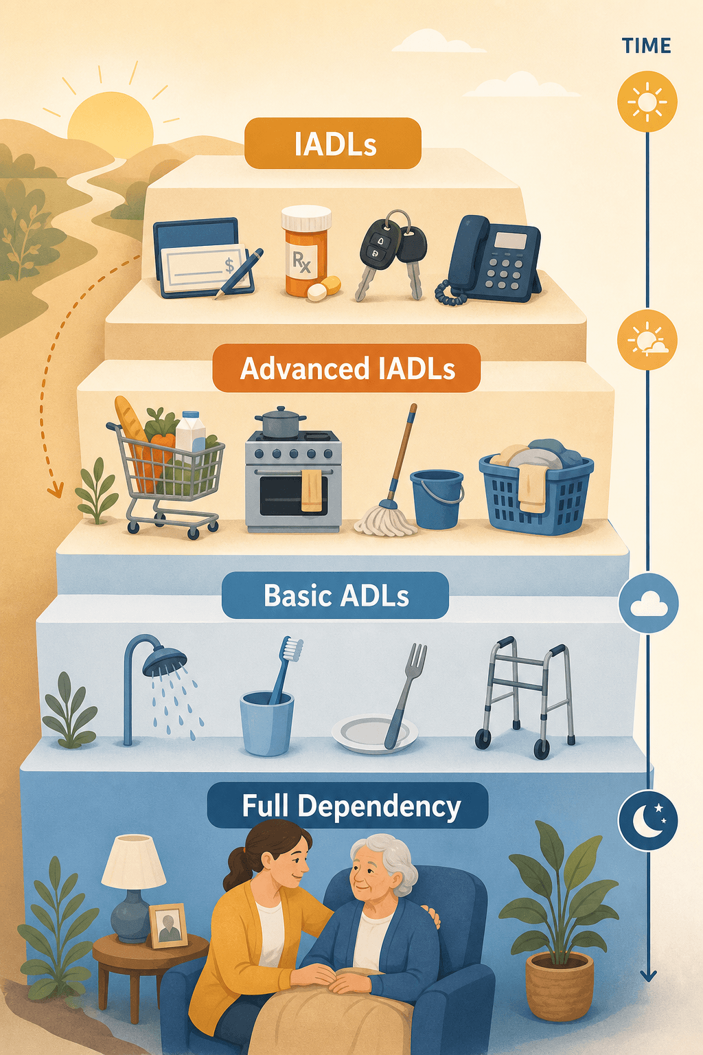 Stepwise pathway illustration showing declining functional independence from IADLs to ADLs to full care need.