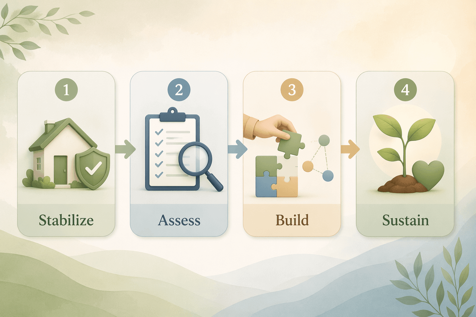 A clean editorial illustration showing four phases arranged left to right as connected stepping stones: Stabilize with a home icon and shield, Assess with a clipboard and magnifying glass, Build with puzzle pieces connecting, and Sustain with a sprouting plant and heart. Soft arrows connect the phases against a warm muted gradient background.
