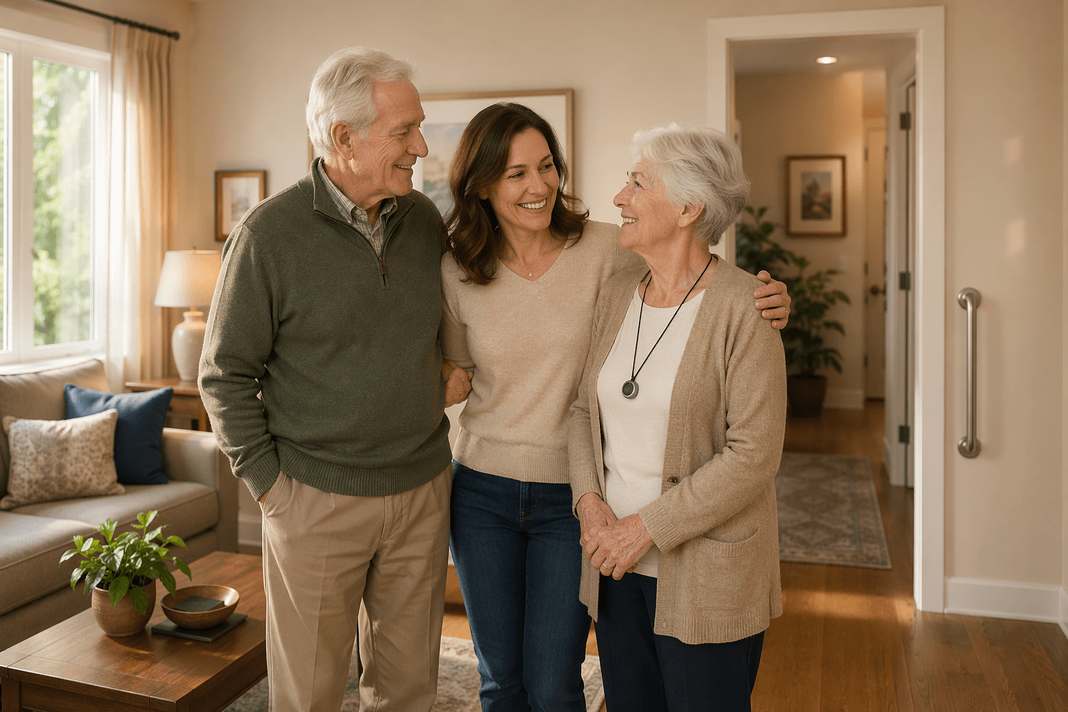 A multi-generational family stands together in a warmly lit living room with visible home safety features including a grab bar near the doorway, a medical alert pendant on the older mother, clear walking paths, and soft natural light from a window, conveying calm and confidence.