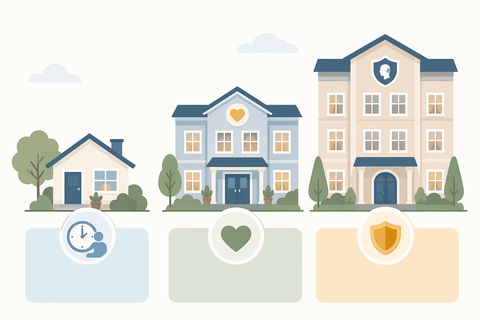 Three house icons in ascending height comparing senior care cost levels — a small home care house, a medium assisted living building with heart icon, and a taller memory care building with shield icon.