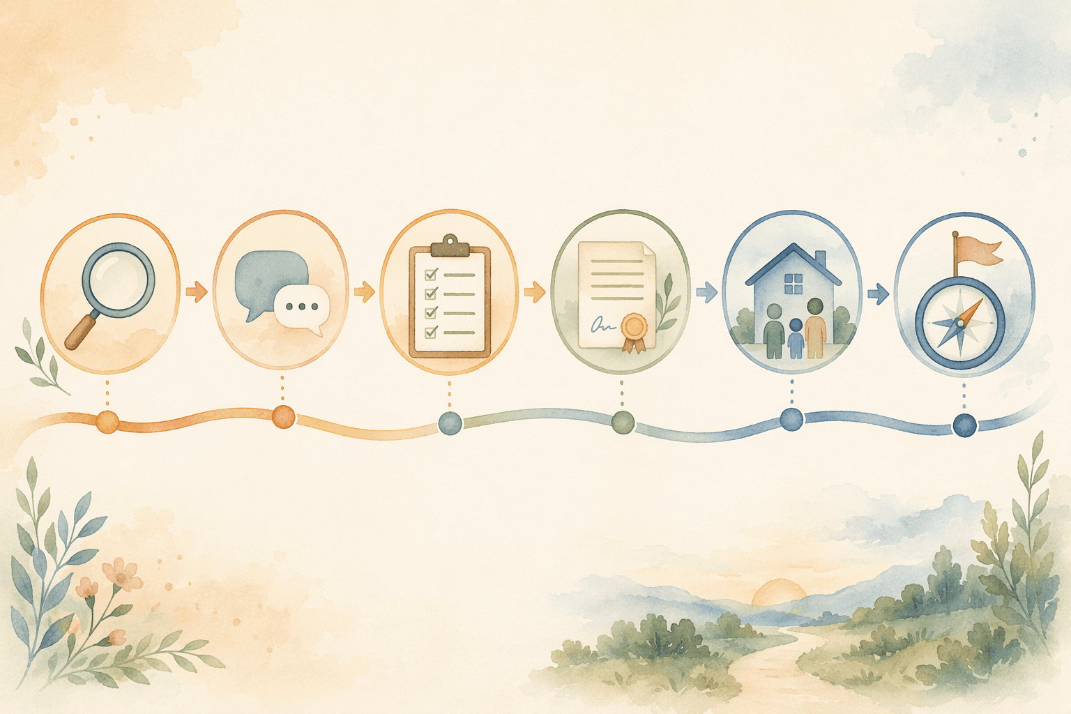 A horizontal infographic-style roadmap with six connected nodes: Notice Signs, First Conversation, Baseline Assessment, Legal Documents, Family Care Plan, and Your Action Plan.
