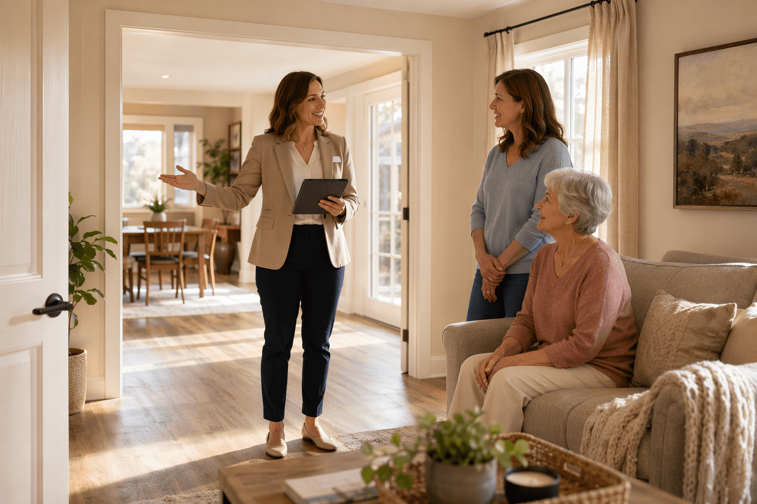 A CAPS-certified aging-in-place specialist in business casual attire gestures toward a widened doorway while consulting with an older woman seated on a sofa and an adult daughter standing beside her in a sunlit living room with accessible features including a lever-handle door and non-slip flooring.