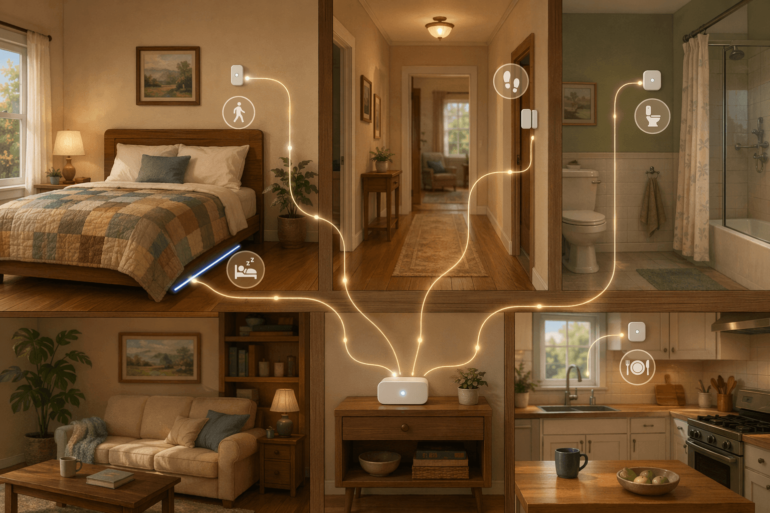 A cutaway digital illustration of a home showing small white passive monitoring sensors placed throughout: a motion sensor and bed pressure mat in the bedroom, a door sensor in the hallway, a motion sensor in the bathroom, and a motion sensor in the kitchen.