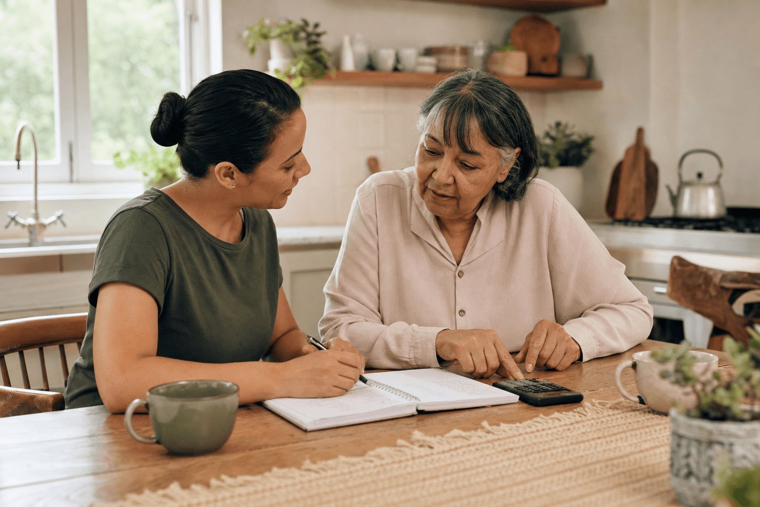 A live-in caregiver and an older adult sit together at a home kitchen table with a notebook, calculator, and coffee mugs, working through a budget plan in warm natural light with sage green and beige tones.
