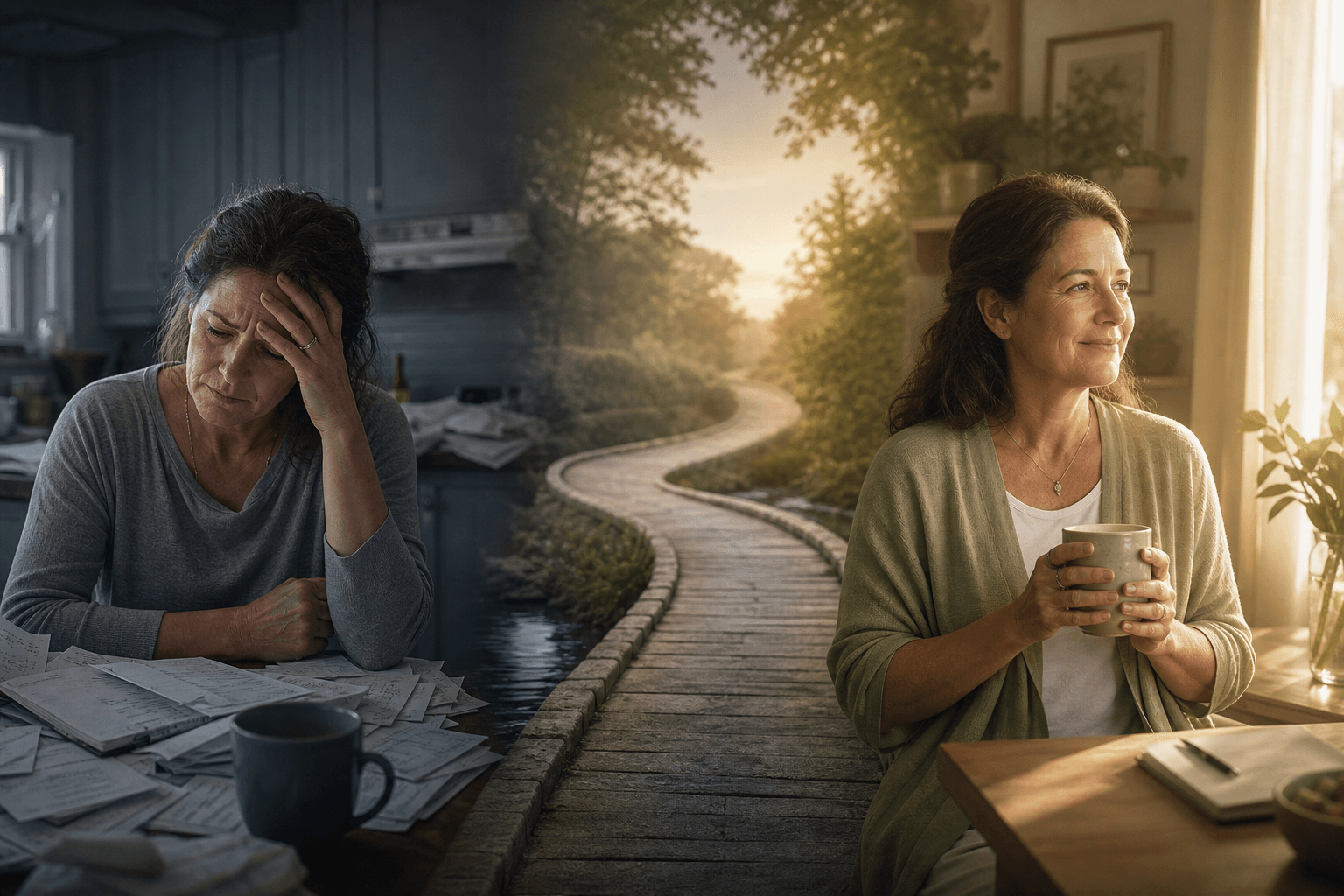 A split-scene illustration showing a stressed caregiver on the left and a calm relaxed version on the right, connected by a curved path symbolizing the emotional journey.