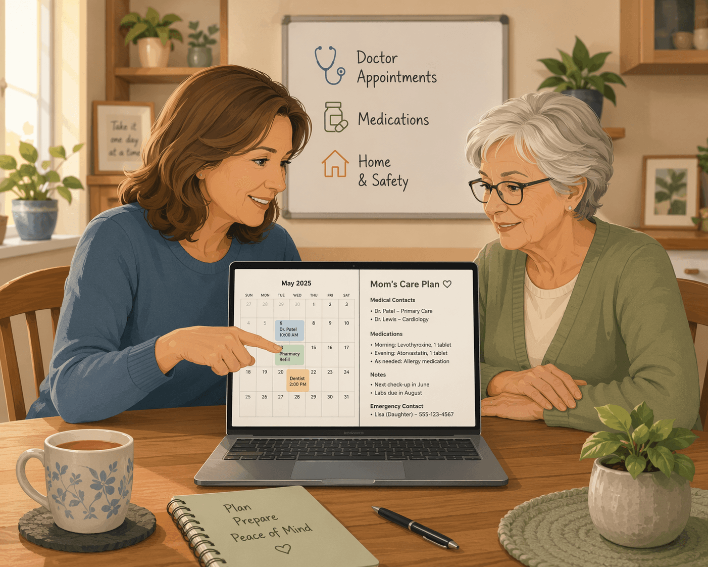 A middle-aged daughter and her older mother sit at a kitchen table with a laptop open between them, planning ahead with calm and organized collaboration.