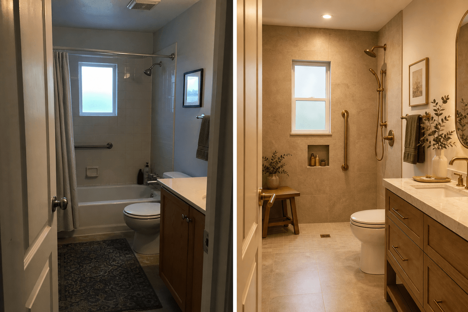 Split diptych bathroom scene showing a dated bathroom with step-over tub and dim lighting on the left, and a remodeled bathroom with curbless walk-in shower, teak bench, brass grab bar, lever faucet, and comfort-height toilet on the right, using warm earth tones and natural materials.