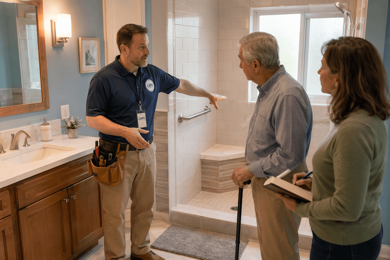 A CAPS-certified aging-in-place specialist in a collared shirt and tool belt with a CAPS badge points to a grab bar installation spot on a tiled bathroom wall near a walk-in shower with a bench. A gray-haired senior adult with a cane listens, while an adult child in their 40s-50s holds a notebook and pen.