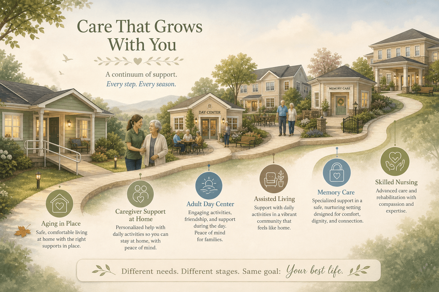 A warm editorial illustration showing a gentle upward-sloping pathway representing the senior care continuum, starting with a home with grab bars and ramp at left, then transitioning through icons of a caregiver helping at home, a small adult day center, an assisted living building, a memory care wing, and a skilled nursing facility at right, all in soft sage green, taupe, and muted blue tones with a small fallen leaf near the home icon.