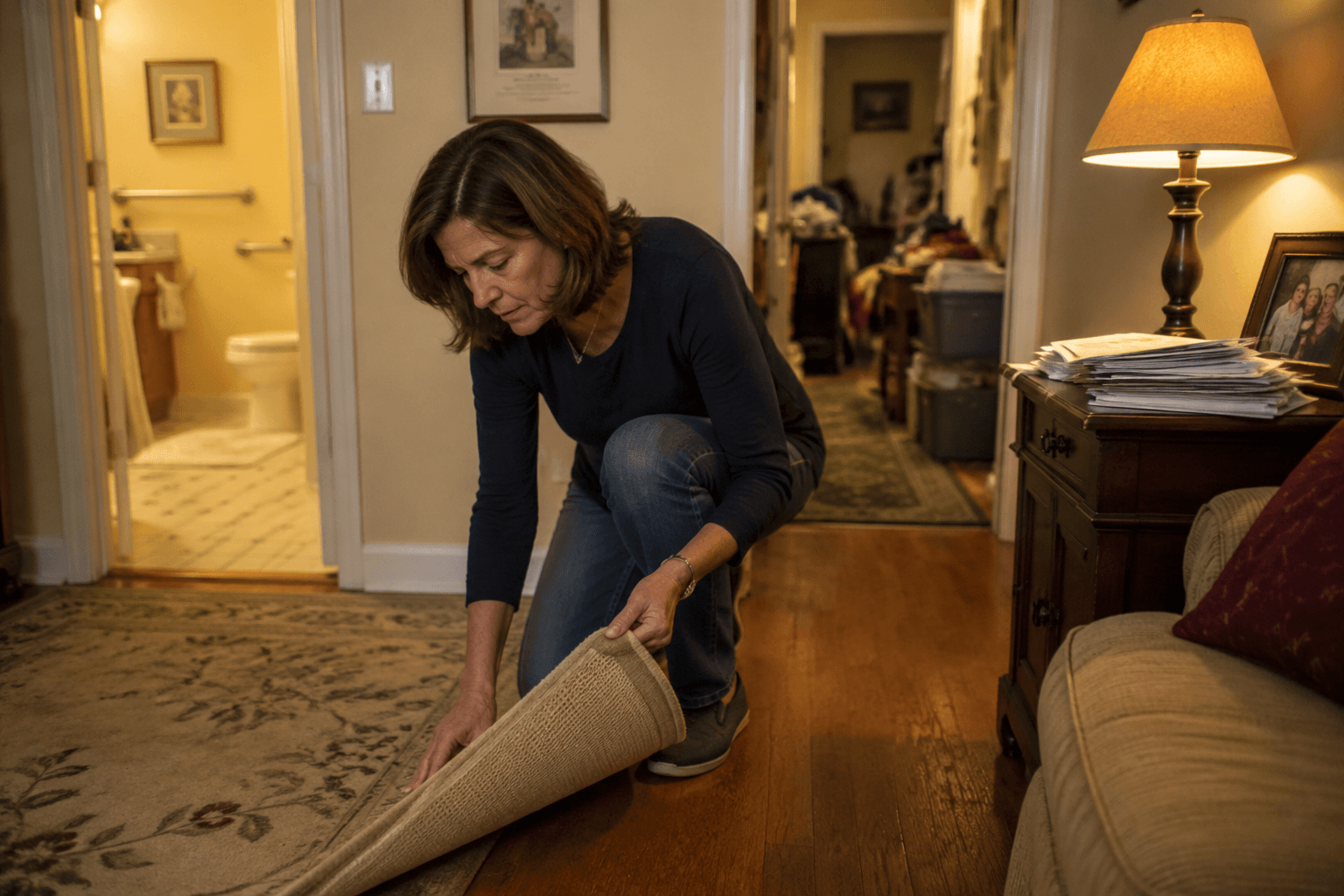 Adult child inspecting a loose rug and home trip hazards after an elderly parent's fall