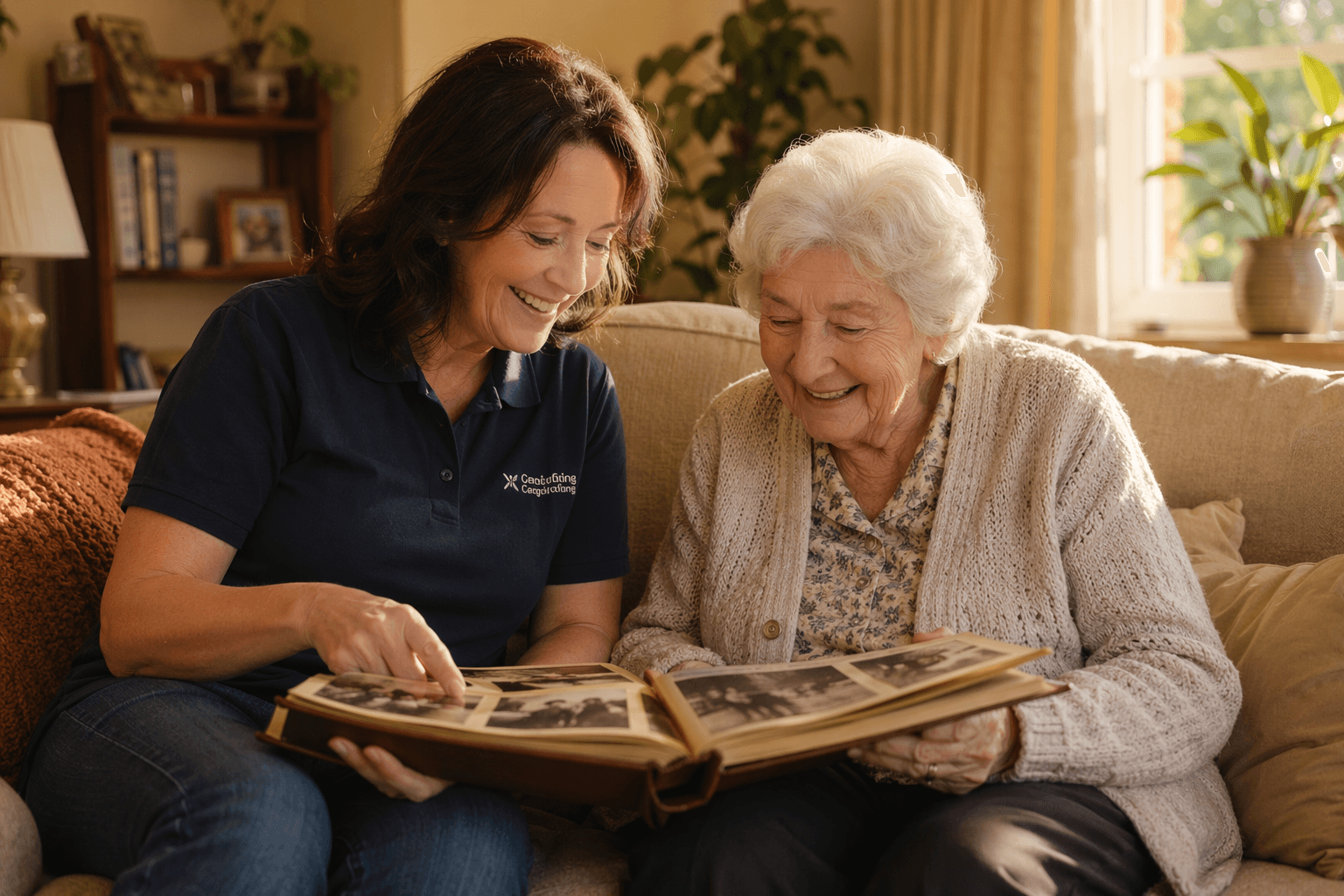 A female caregiver in her 40s and an older woman in her 80s sit together on a cozy living room sofa, looking at a photo album with warm golden afternoon light streaming through curtained windows.