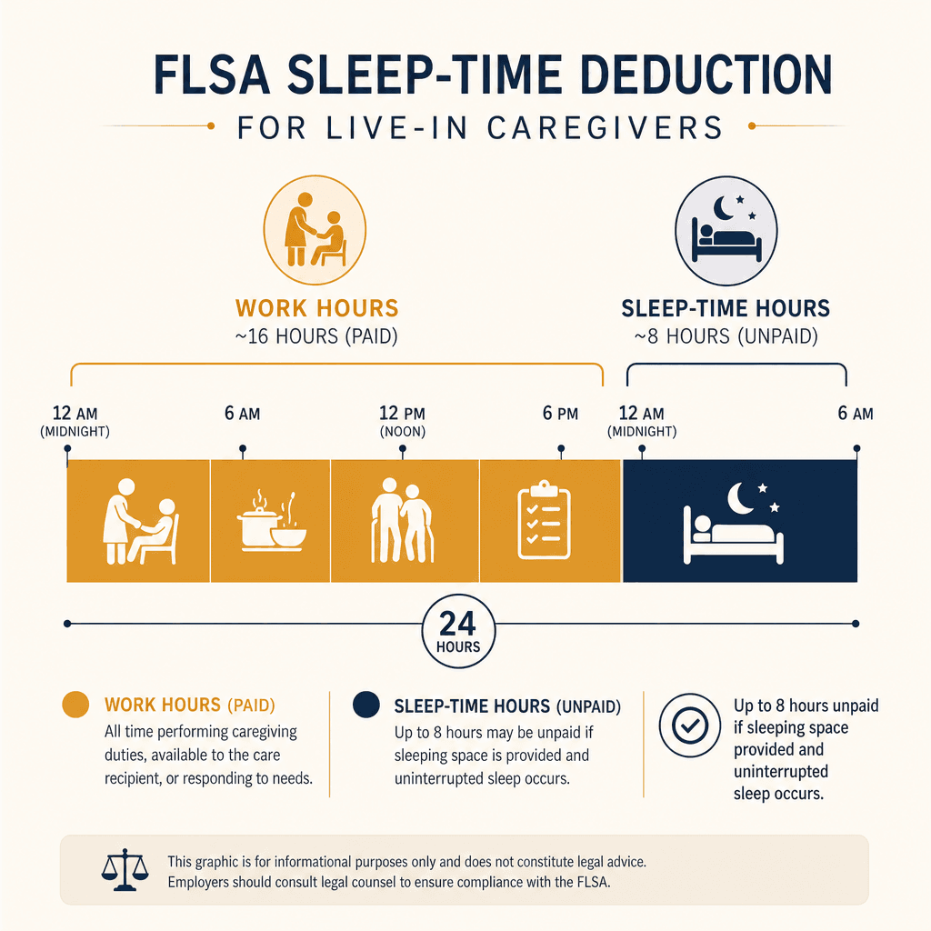 Horizontal 24-hour timeline infographic showing a live-in caregiver's day split into Work Hours (amber, ~16 hours) and Sleep-Time Hours (dark navy, ~8 hours marked unpaid with conditions).