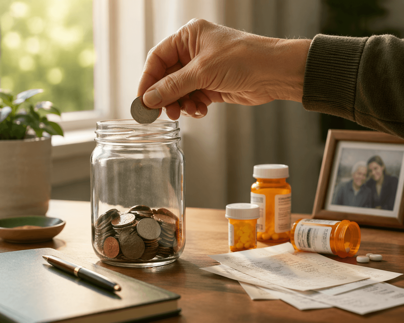 A hand placing coins into a retirement savings jar on a wooden table next to partially empty pill bottles and caregiving receipts, showing the tension between saving for retirement and caregiving costs.