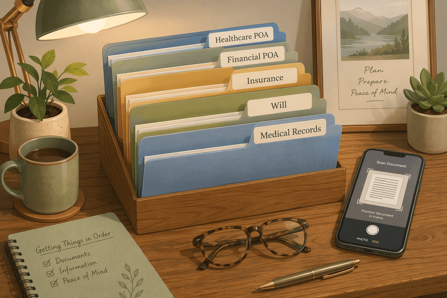A desk with organized file folders labeled Healthcare POA, Financial POA, Insurance, Will, and Medical Records, with a pen, glasses, and a smartphone showing a document scanning app.