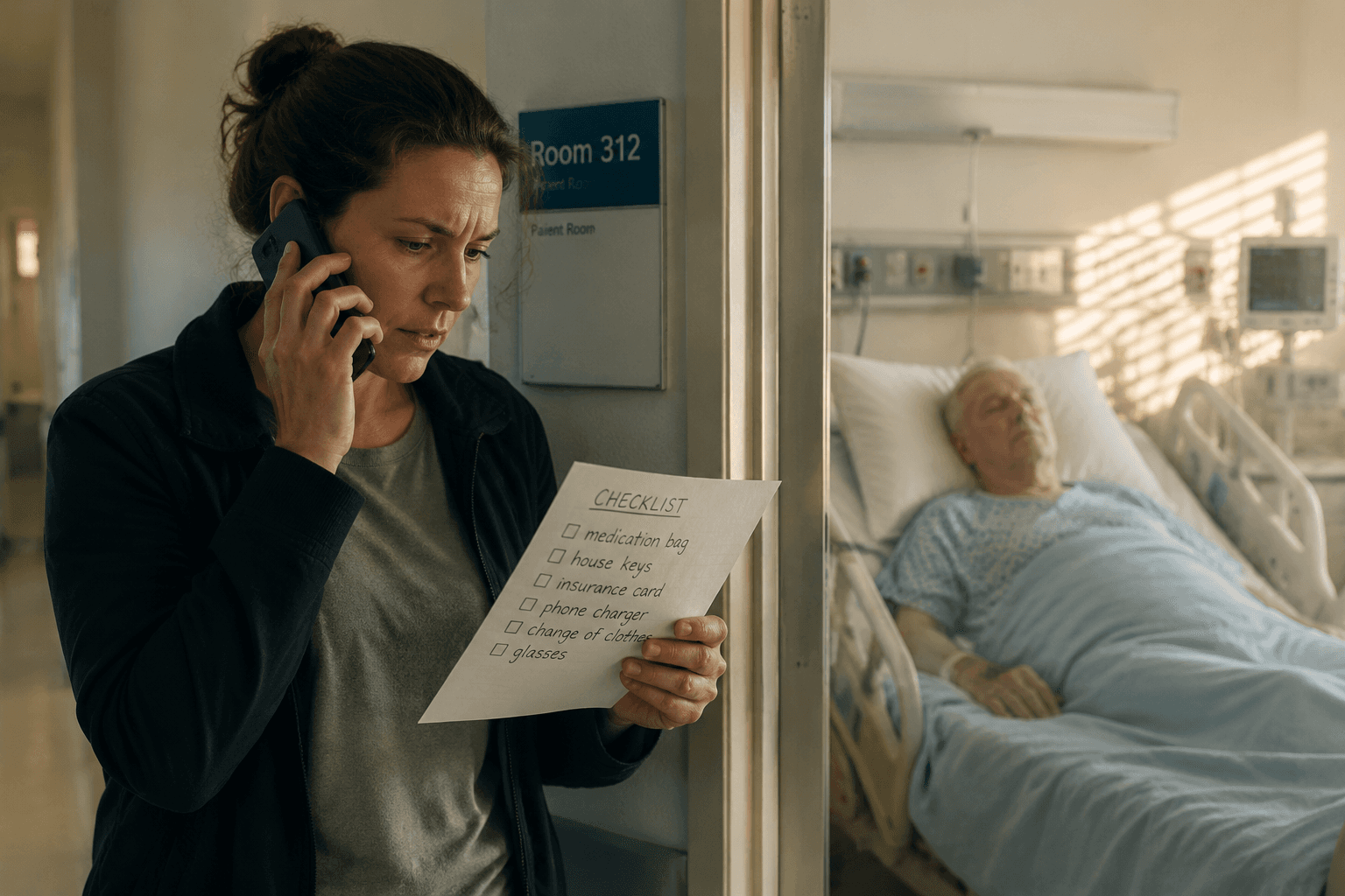 Adult child in a hospital hallway holding a caregiver checklist while speaking by phone near an elderly parent's room