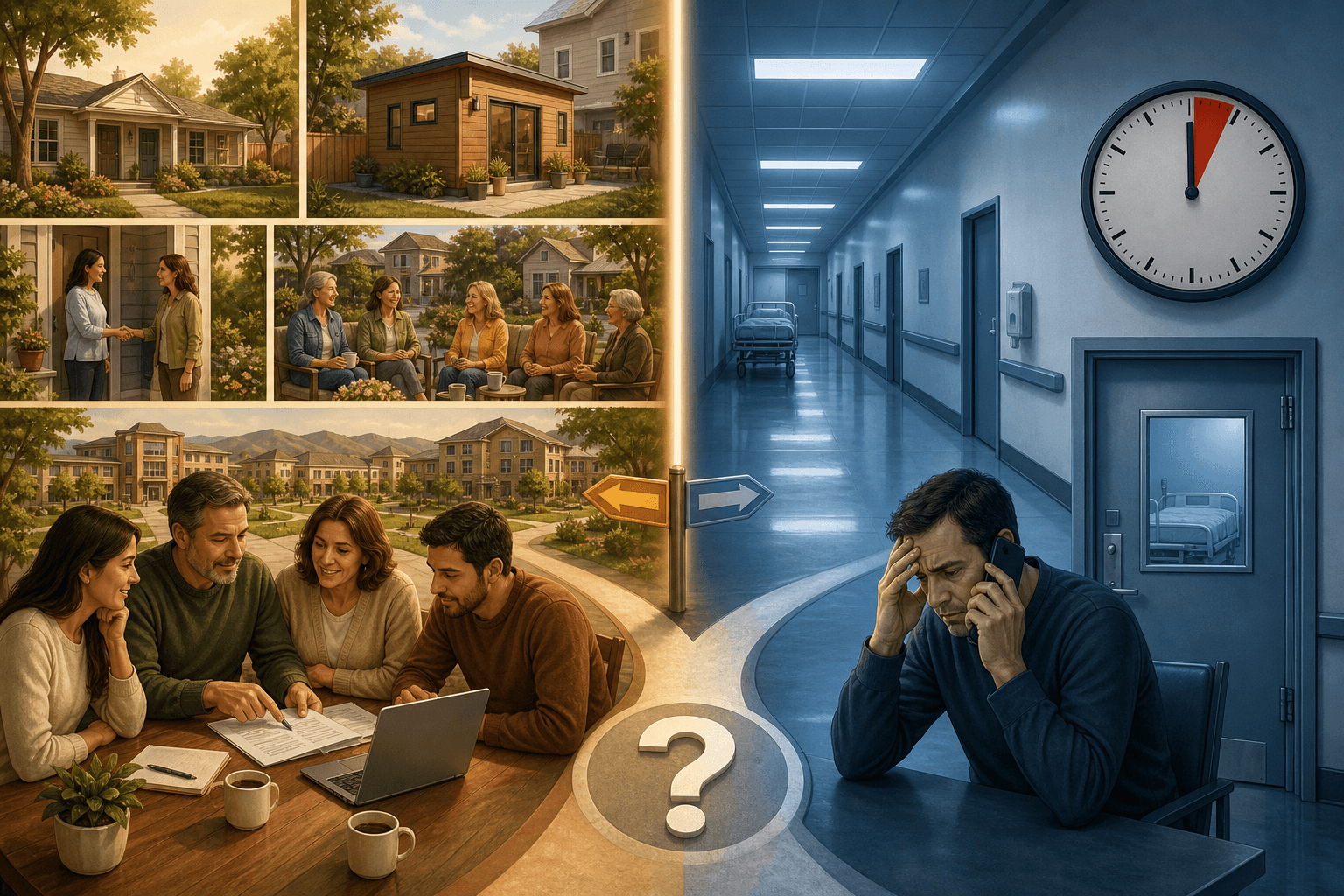 Split-scene illustration: warm golden-toned planning side with family at a table and icons for five housing alternatives, contrasted with a cool blue hospital corridor with a clock and a distressed person on a phone.