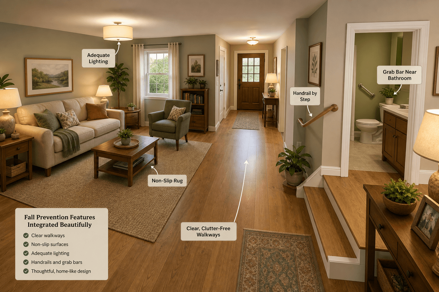 An elevated view of a warm home living room and hallway with senior fall prevention features: clear walkways, a non-slip rug, adequate lighting, handrails by a step, and a grab bar near a bathroom doorway. Welcoming, non-clinical aesthetic.