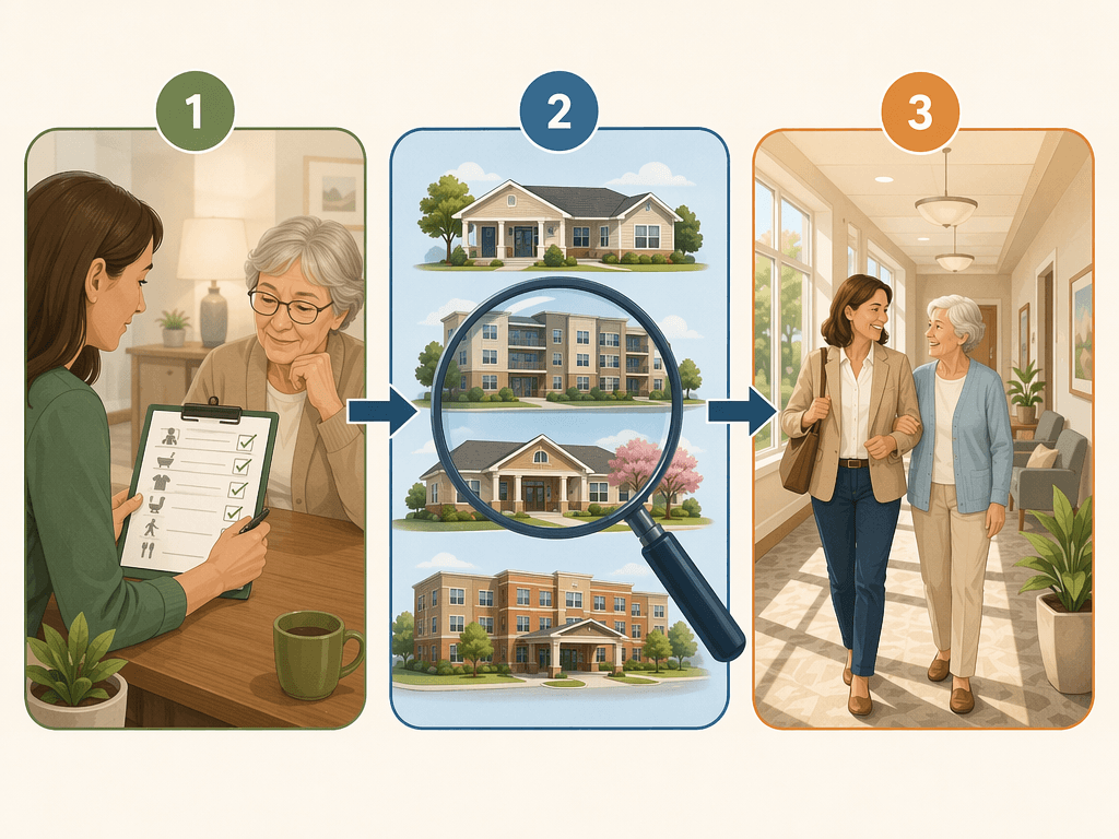 A three-step decision framework illustration: Step 1 Assess shows a family member reviewing an ADL checklist, Step 2 Explore shows a magnifying glass over different senior building types, Step 3 Tour shows a family walking through a community hallway.