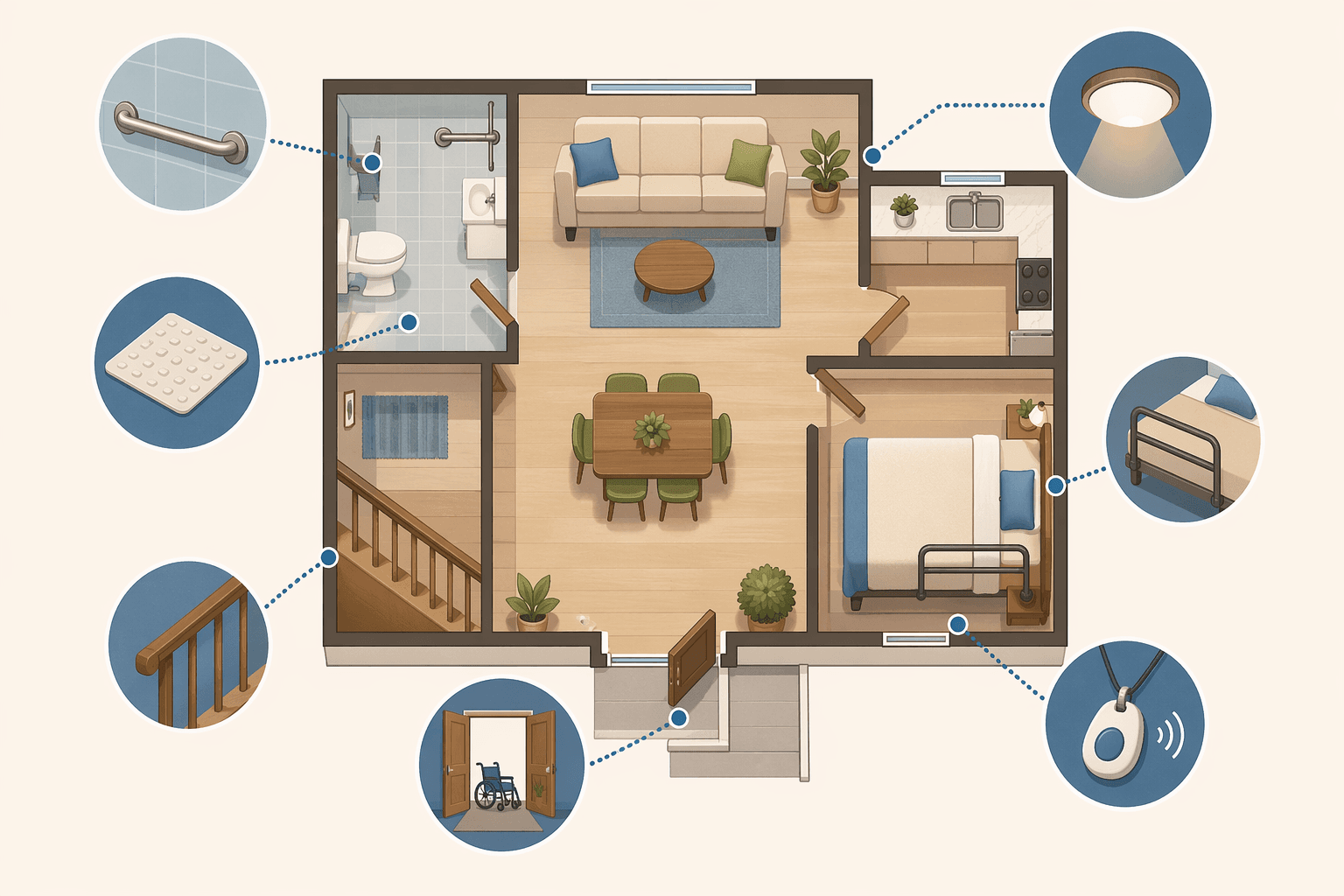 A simple home floor plan layout with safety and accessibility icons including a grab bar, non-slip floor, wide doorway, stair railing, bed rail, and medical alert pendant.