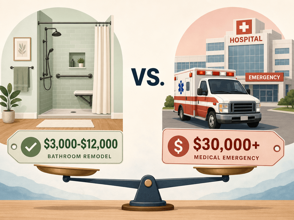 Comparison illustration showing a bathroom remodel icon labeled $3,000-$12,000 versus a hospital icon labeled $30,000+, with a balanced scale tilted toward the remodel side.