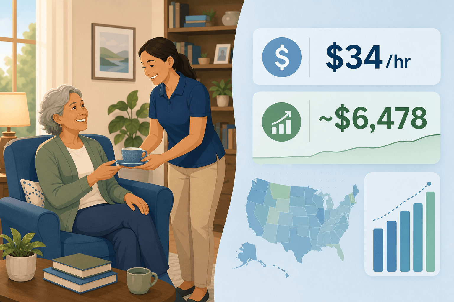 Split-screen illustration showing a warm home care scene on the left and a cost data visualization on the right with a $34/hr badge and a $6,478 monthly total indicator.