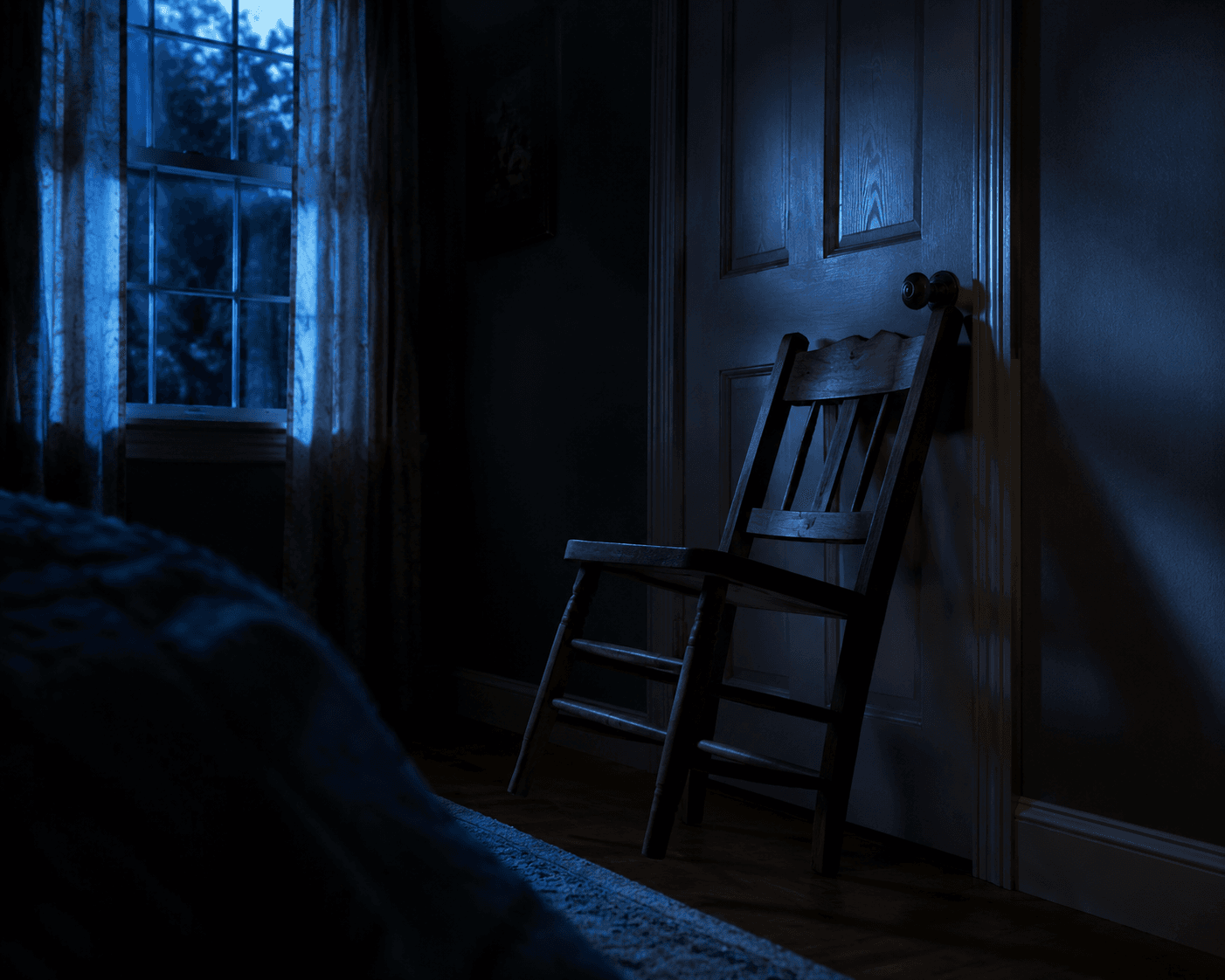 Wooden chair wedged under a bedroom door handle at night to prevent unsafe wandering