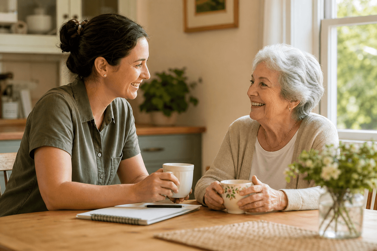 A companion caregiver and an elderly woman sit together at a kitchen table, engaged in conversation over tea with soft natural light streaming through a window, conveying warmth, trust, and dignity