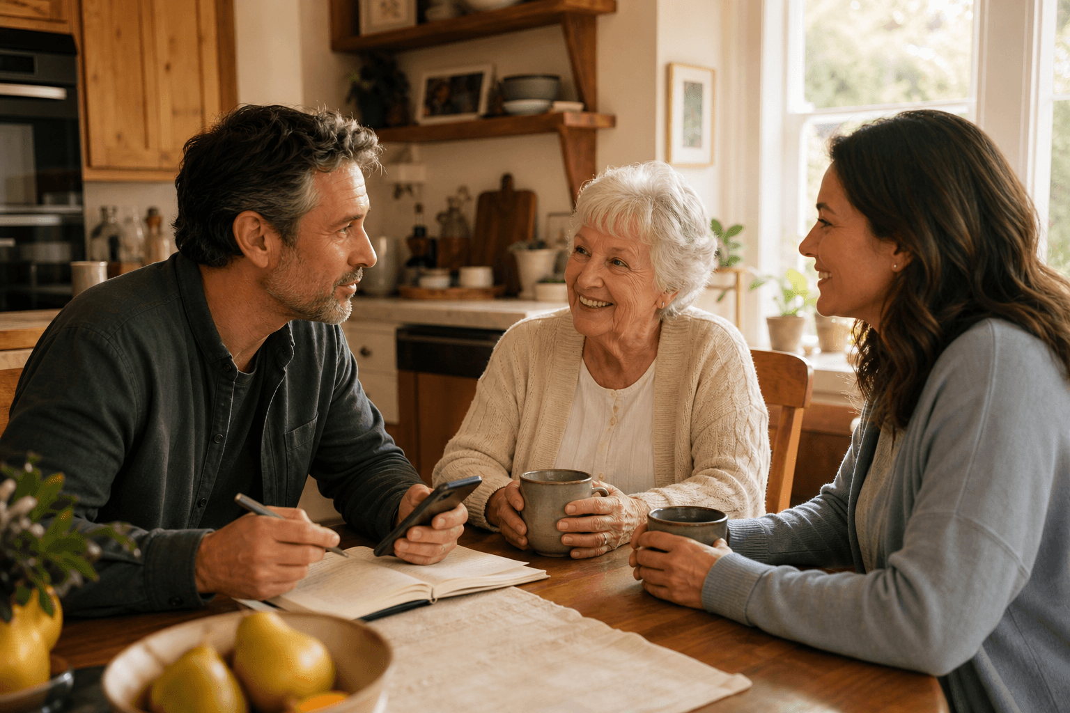 An adult child in their 40s sits at a kitchen table with an elderly parent and a companion caregiver, holding a notebook and discussing care plans.