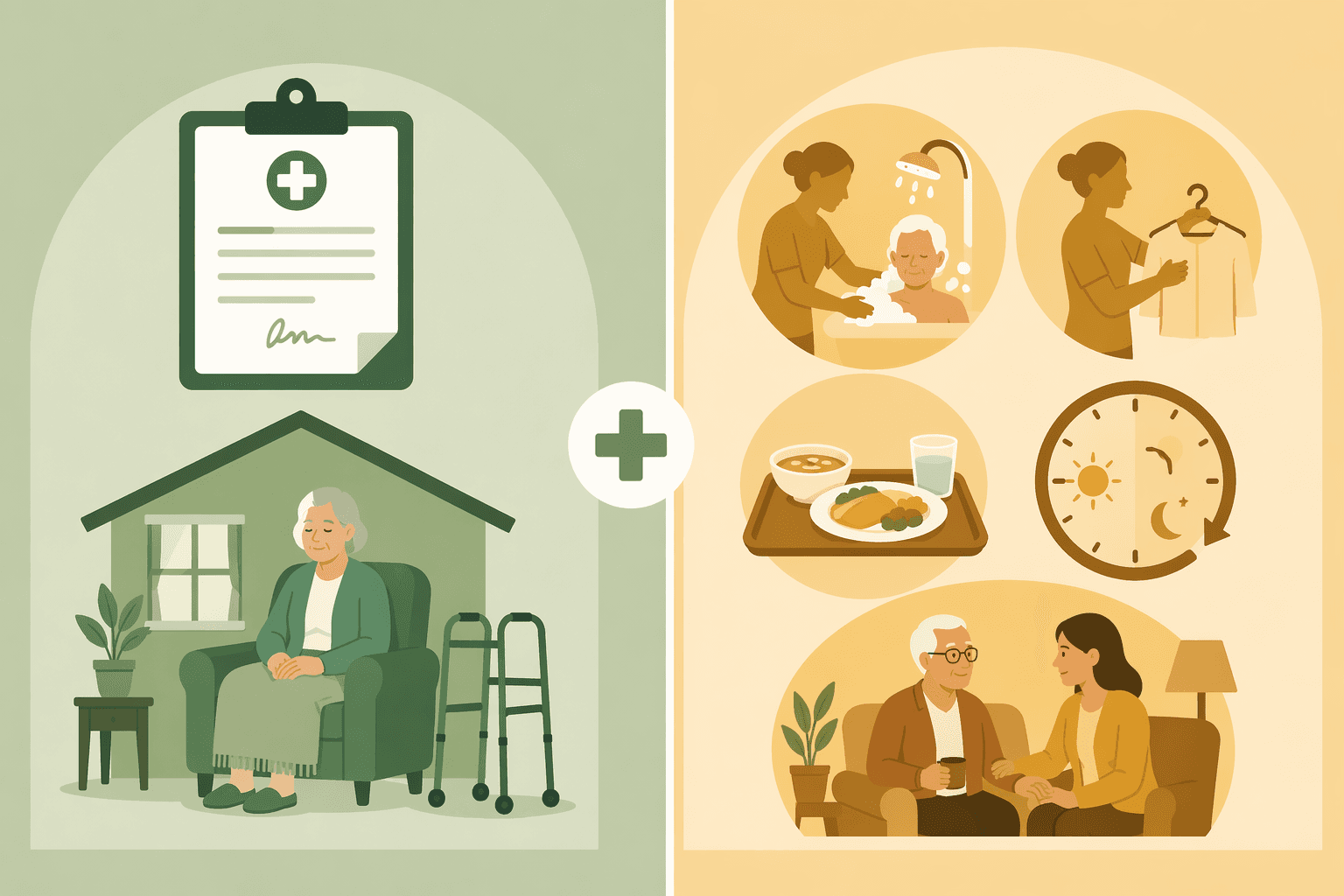 Comparison of Medicare-covered short-term skilled home health care and non-covered custodial care, meals, 24-hour care, and companion care