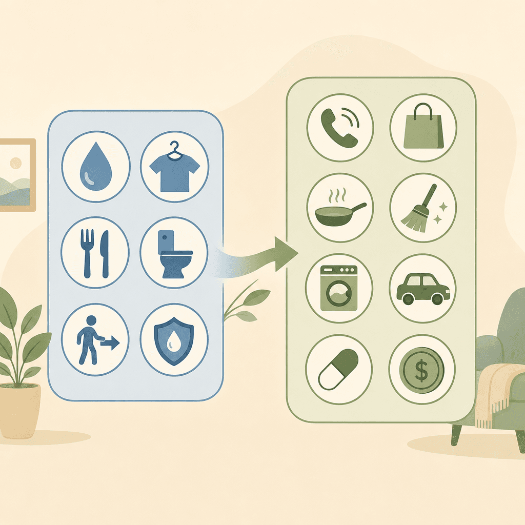 A flat vector illustration with six simple icons representing basic ADLs and eight icons representing IADLs, connected by a flow arrow, in muted blue and sage green tones.